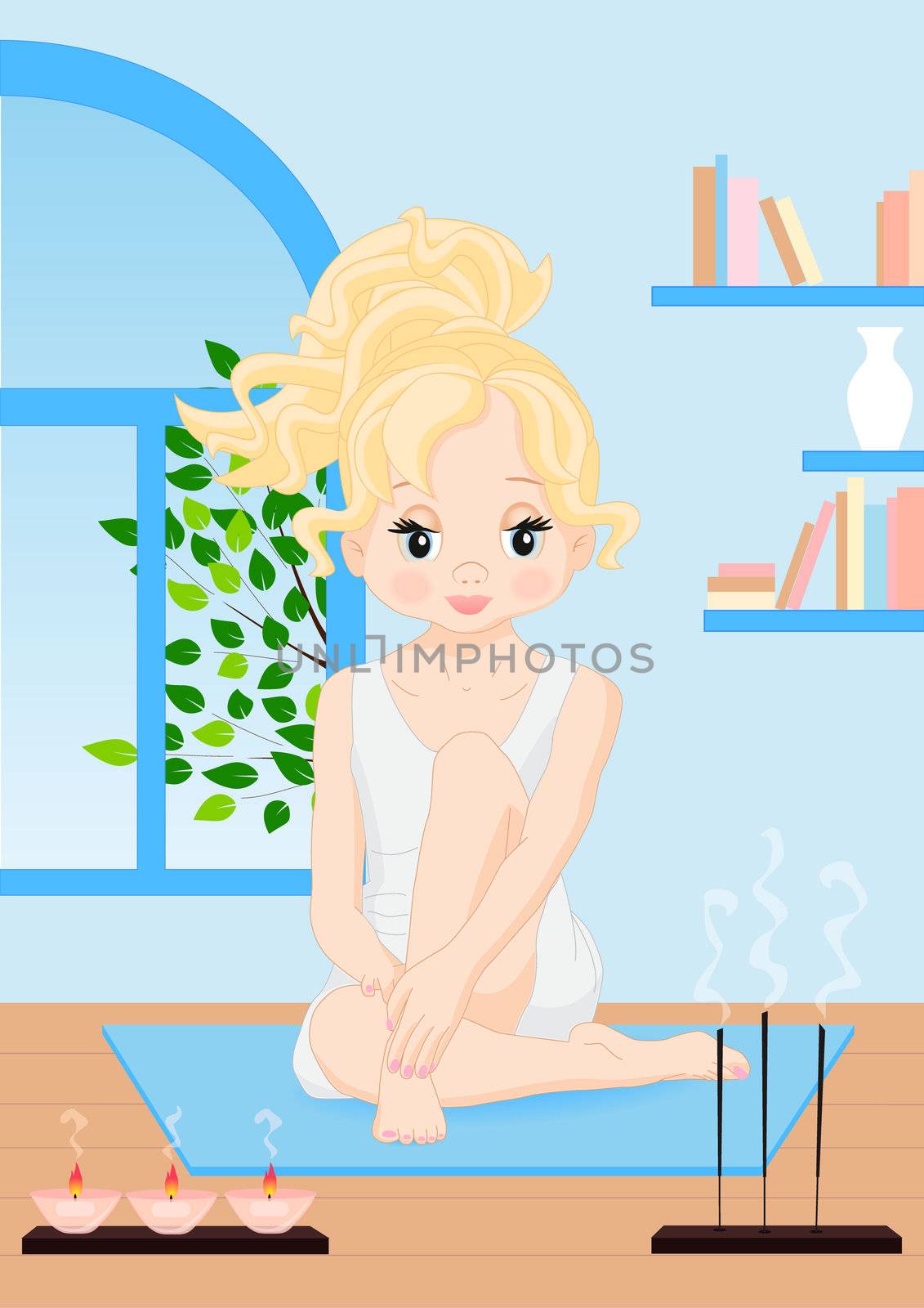 girl blonde does yoga on the floor in front of the window