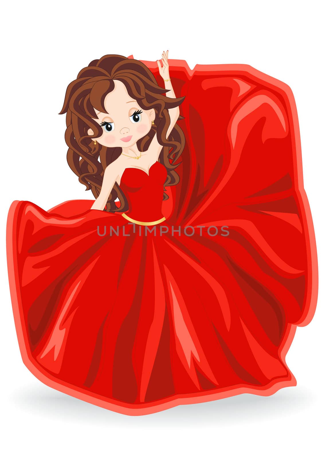 brunette girl in a red evening dress dancing