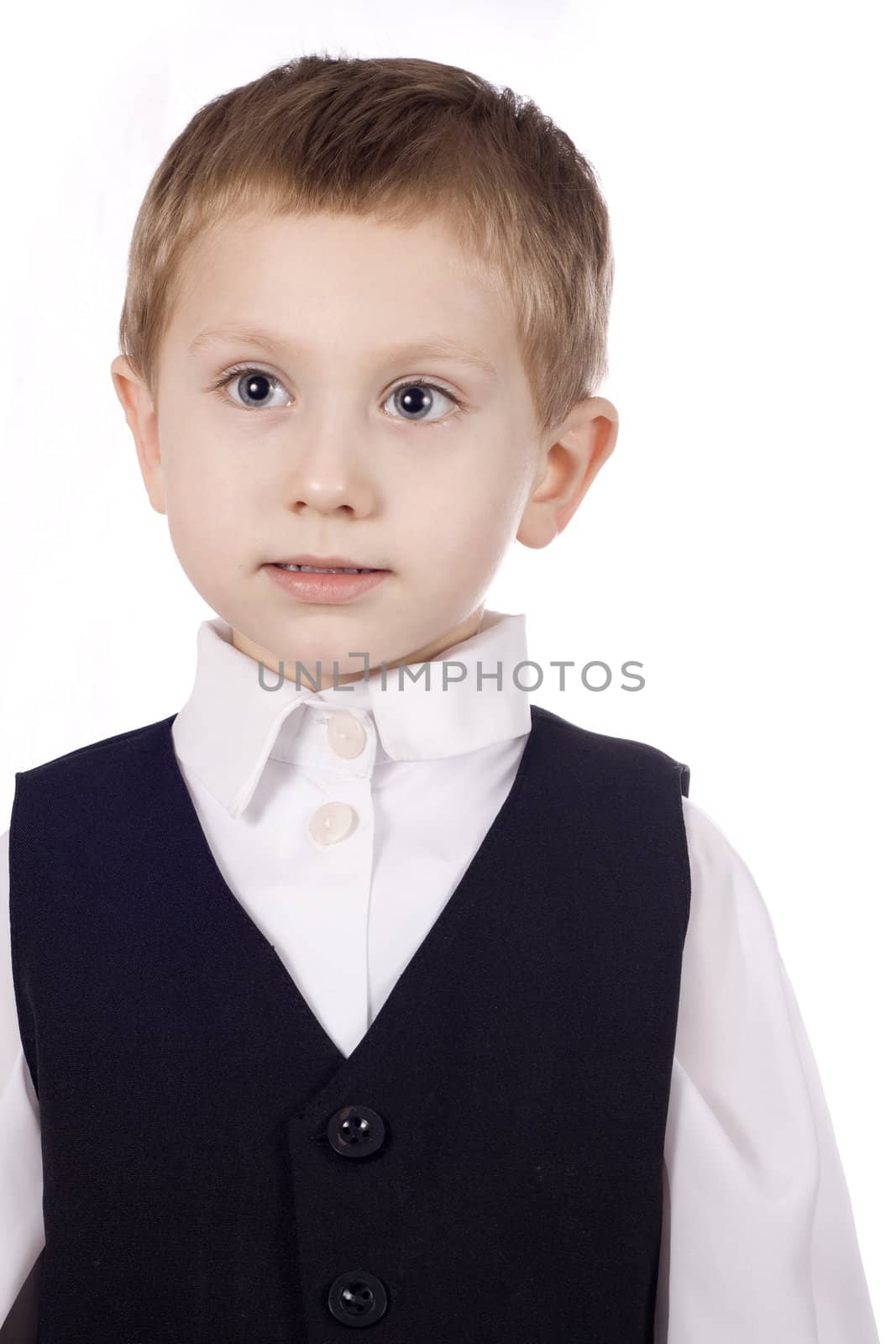 Happy Boy looking up laughing isolated on white