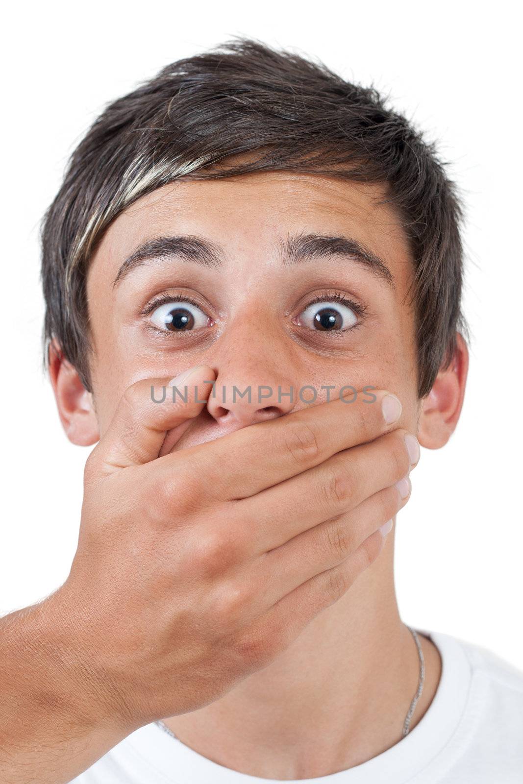 afraid swarthy victim man with hand covering his mouth  - isolated on white background