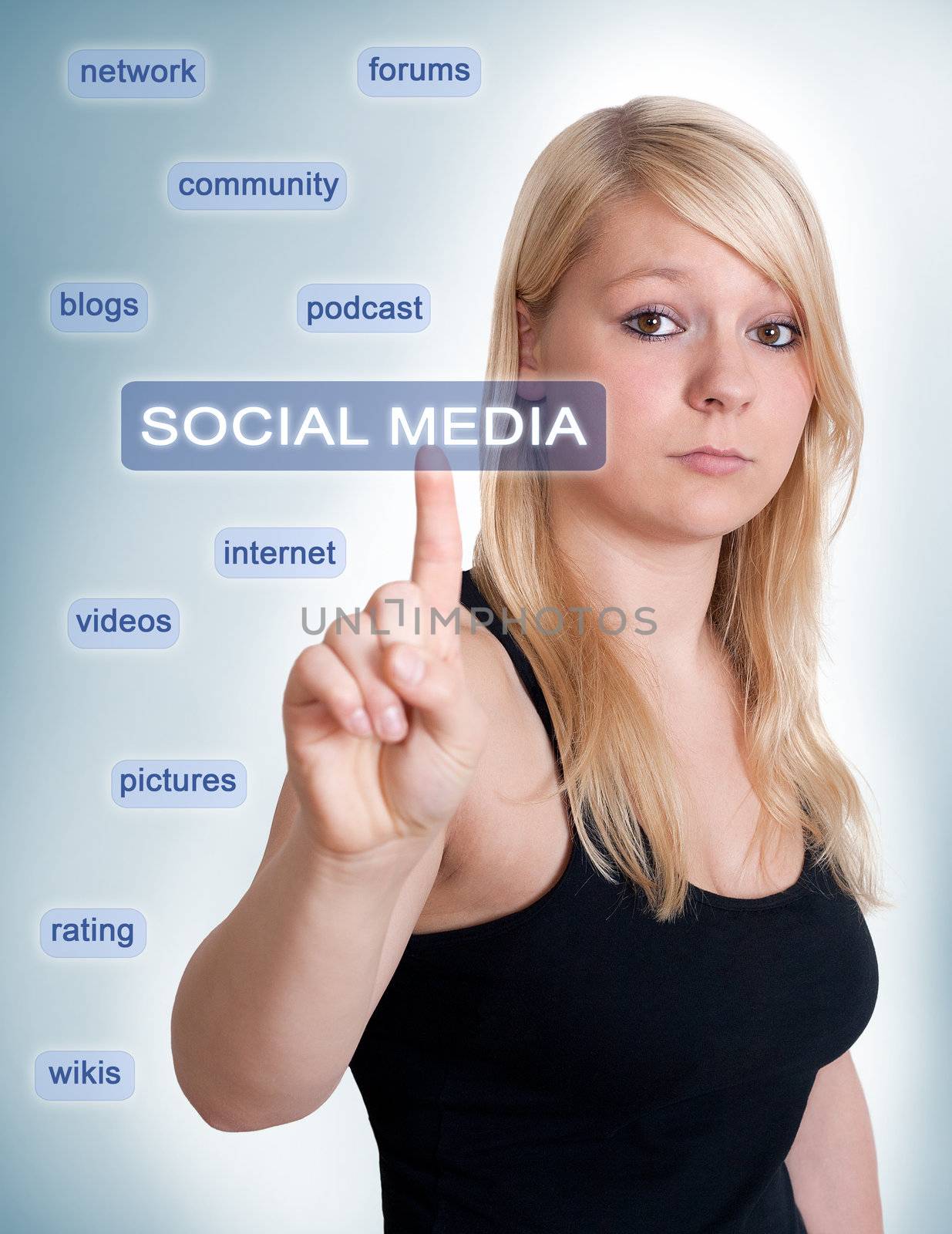 Blonde woman thinking about social media 