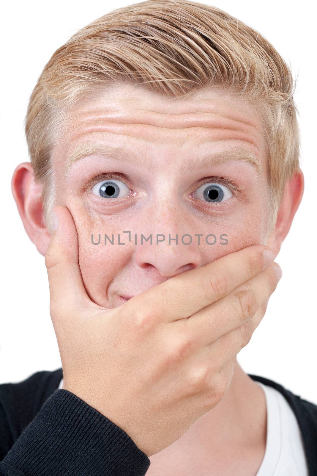 afraid blond victim man with hand covering his mouth - isolated on white background