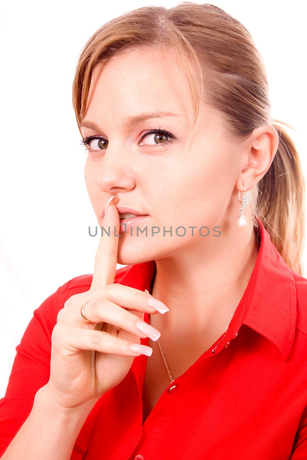 Isolated woman Making Silence Gesture.
