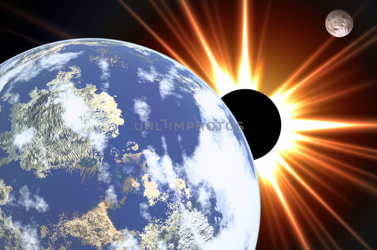 The Earth. Planets and solar eclipse in cosmos