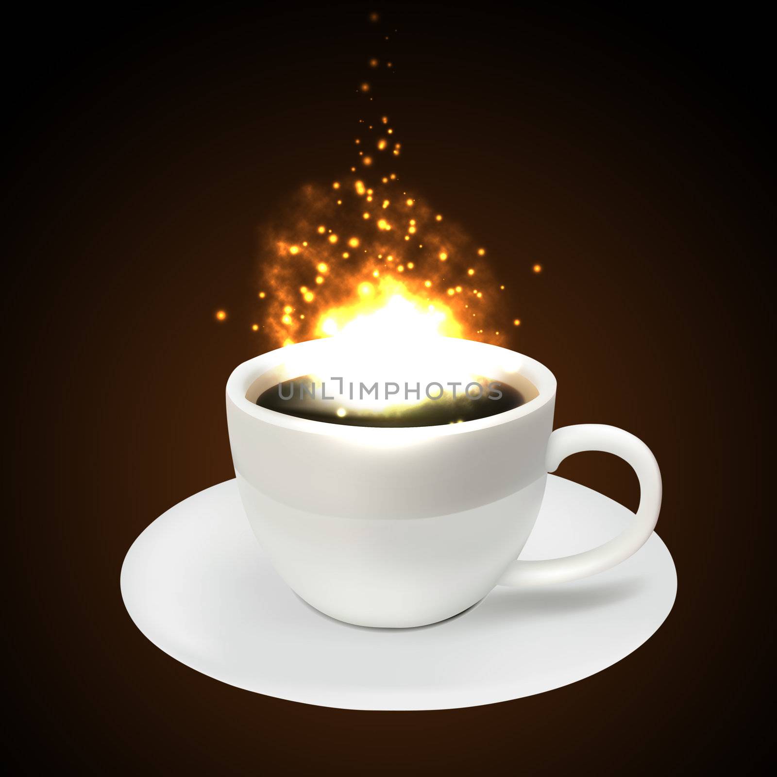 Coffee cup and cascade of sparks on a dark background
