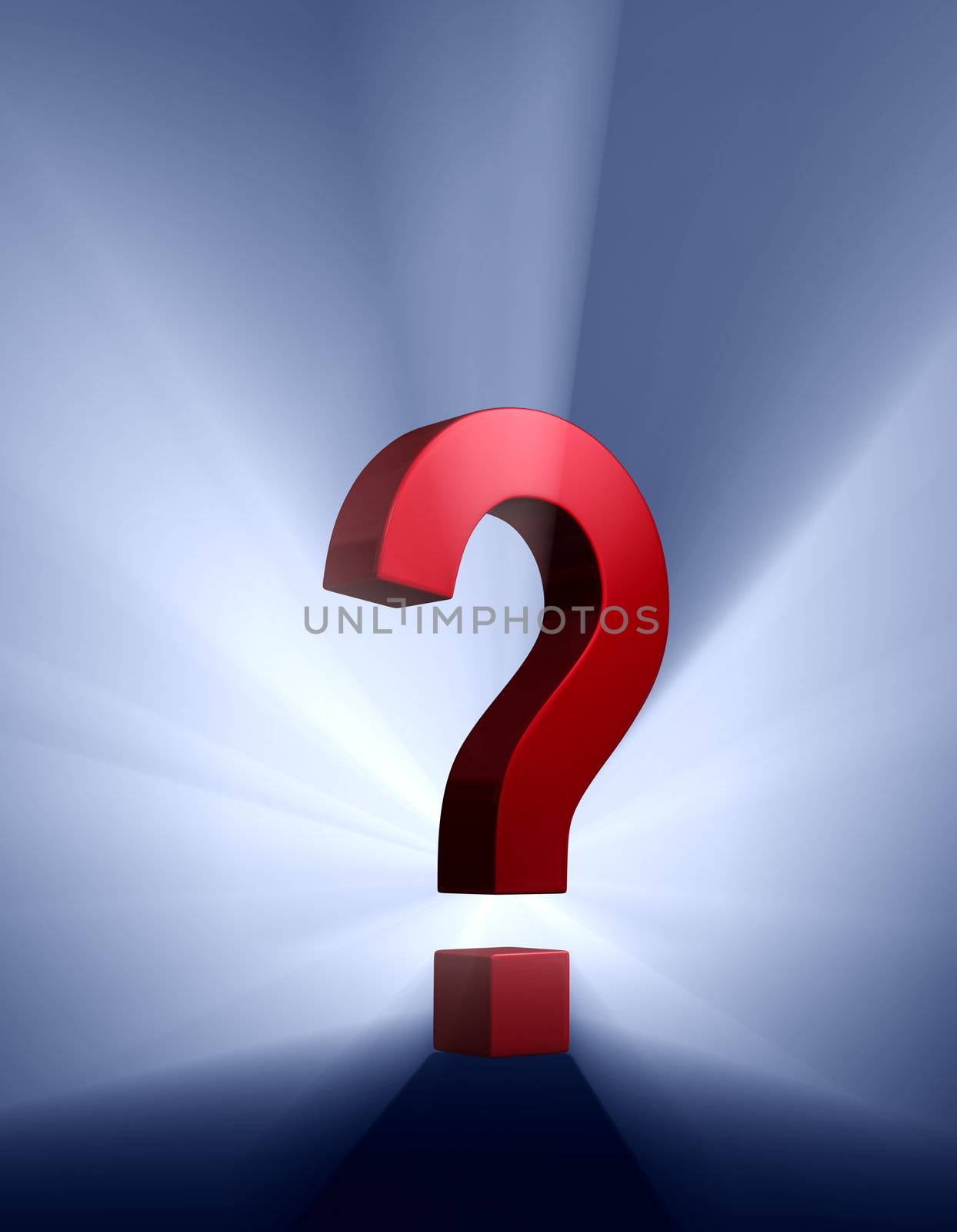 A red question mark on a dark blue background brilliantly backlight with light rays shining through.