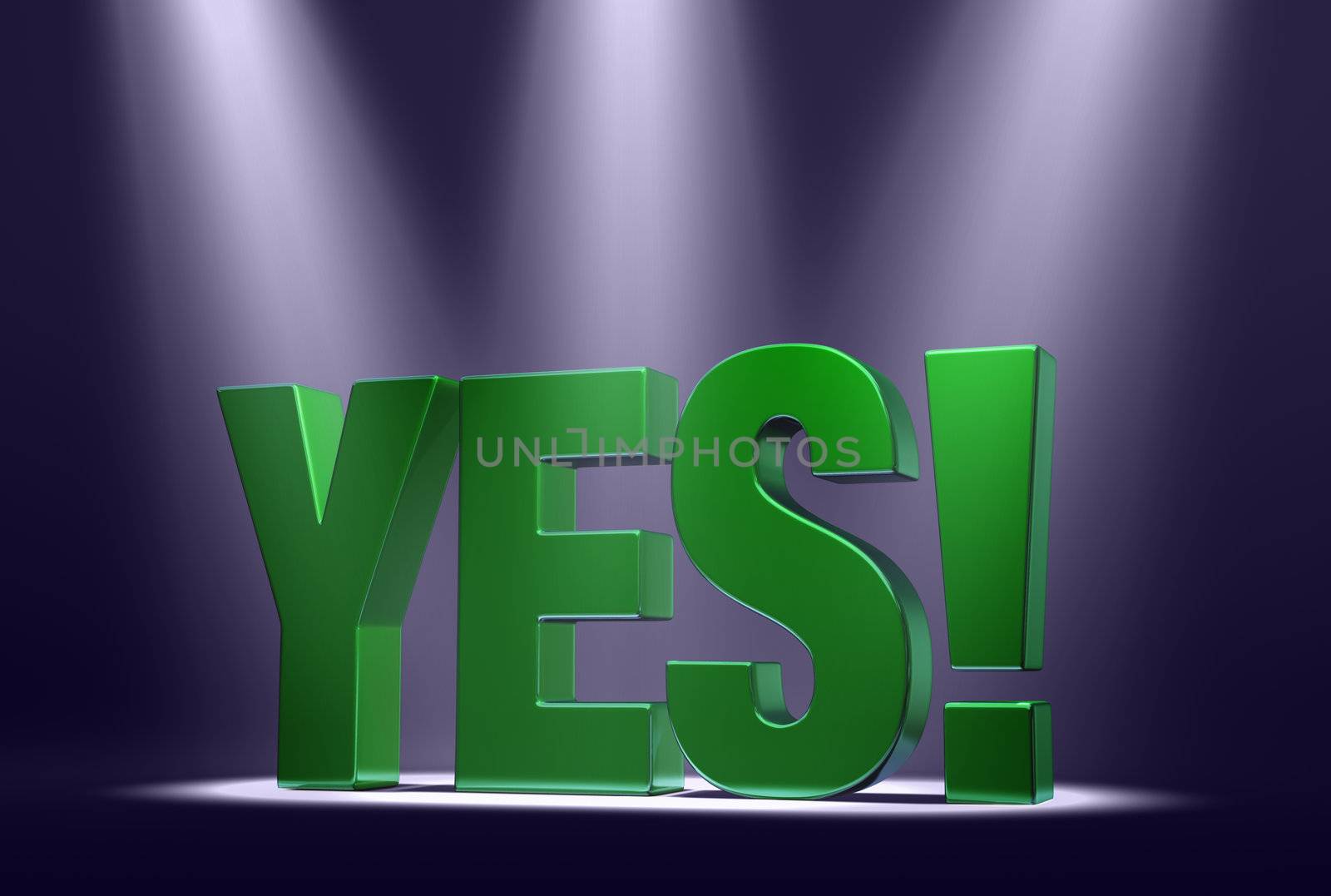 Green word "YES!" on dark background highlighted by three bright, blue-tinted spotlights.