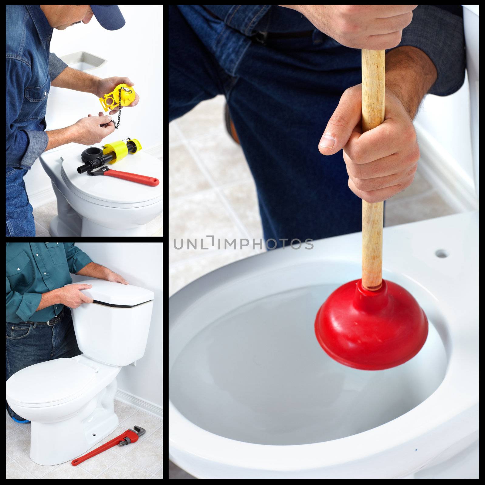 Plumber repairing a flush toilet. Plumber. Worker.