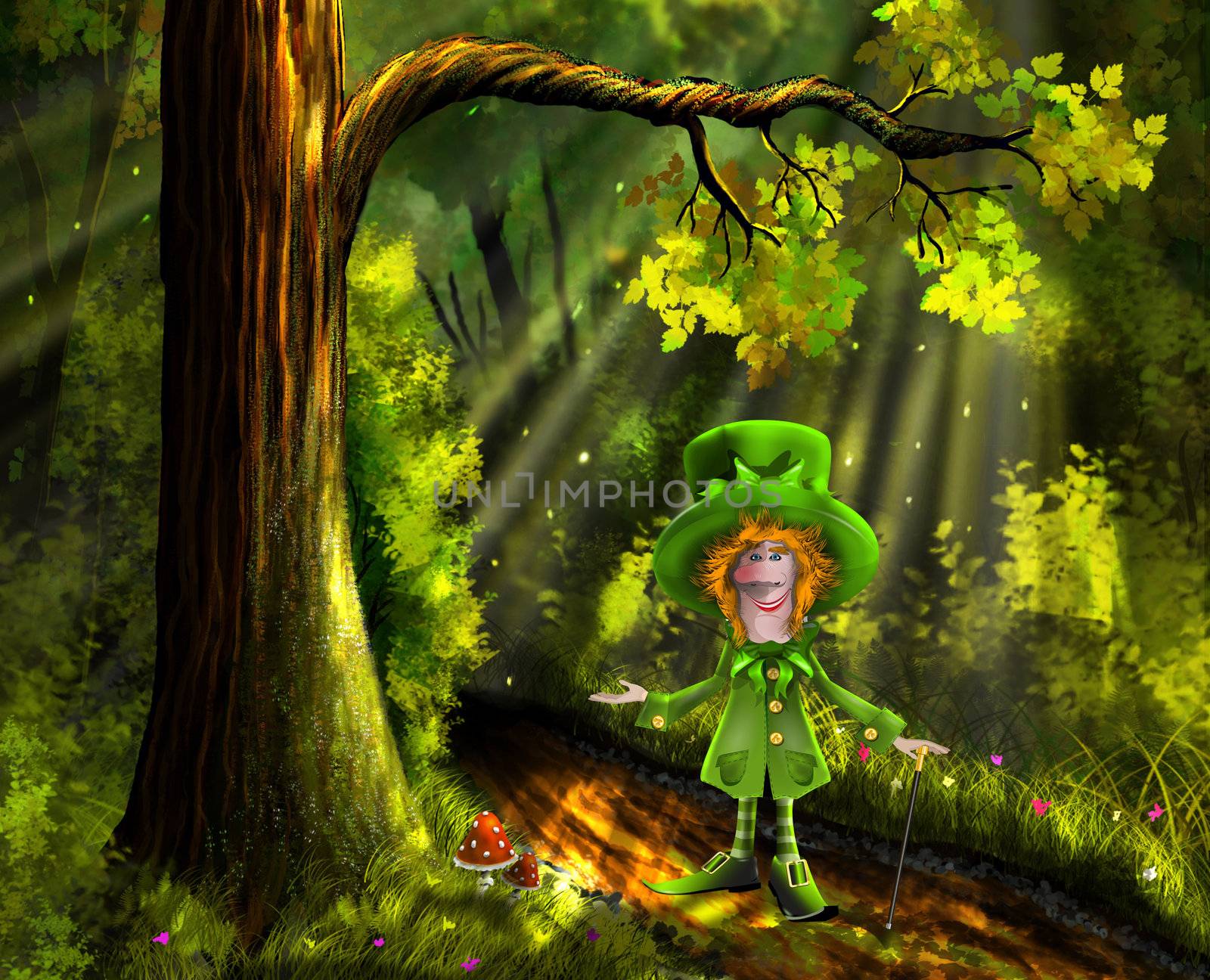 illustration merry green gnome in the forest