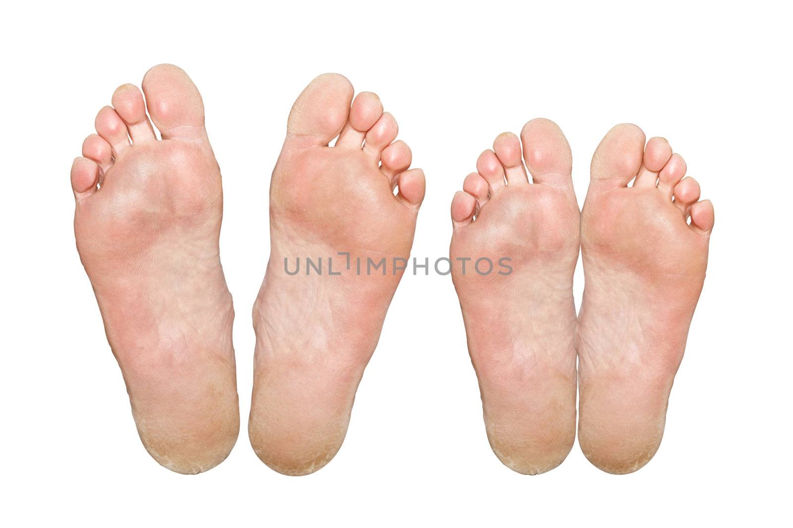 The man and woman. Caucasian feet. Isolated over white background