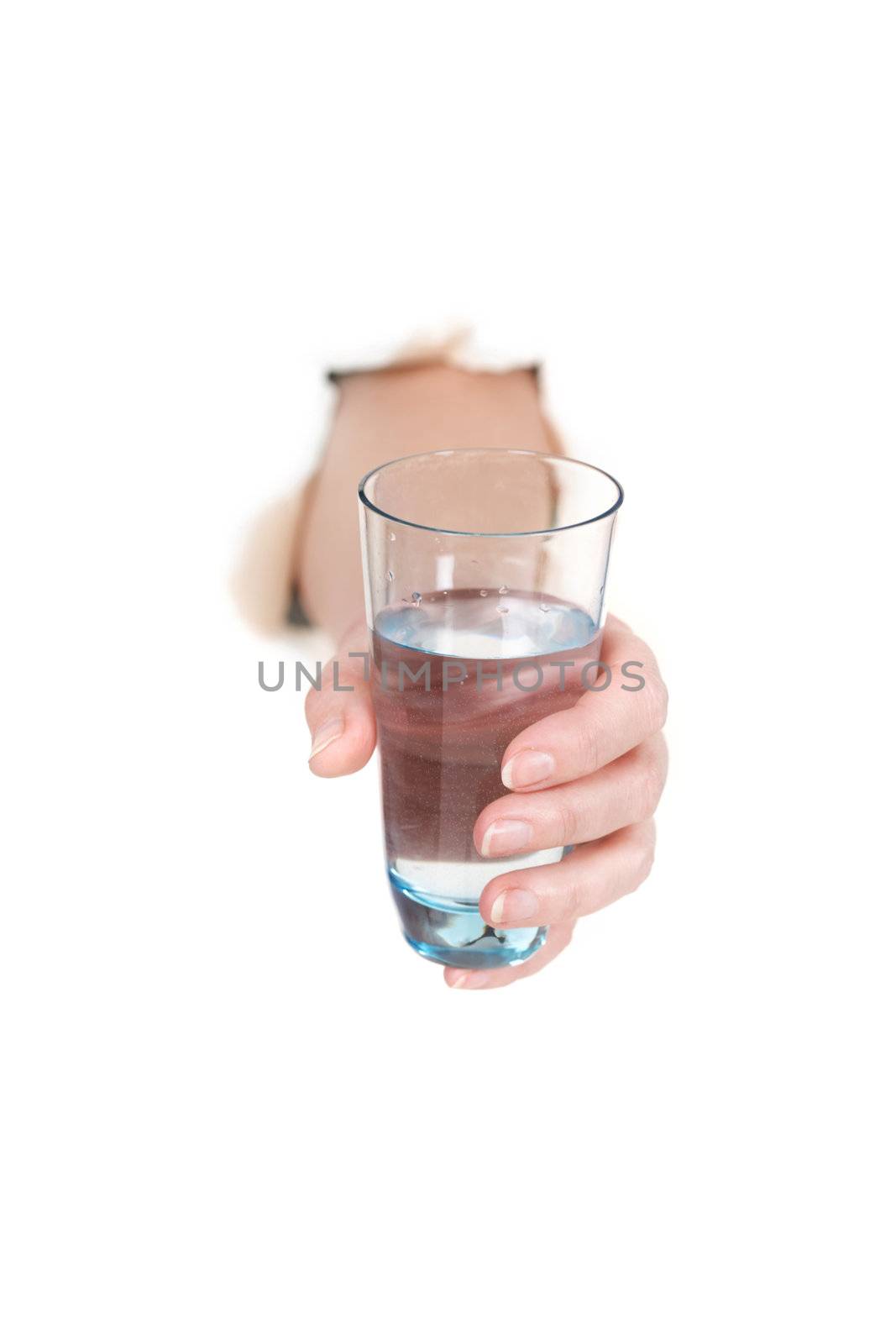 The hand and glass on a white background. Paper