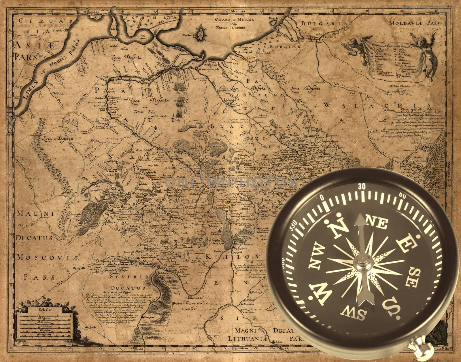 Ancient compass for the travellers on a yellow background