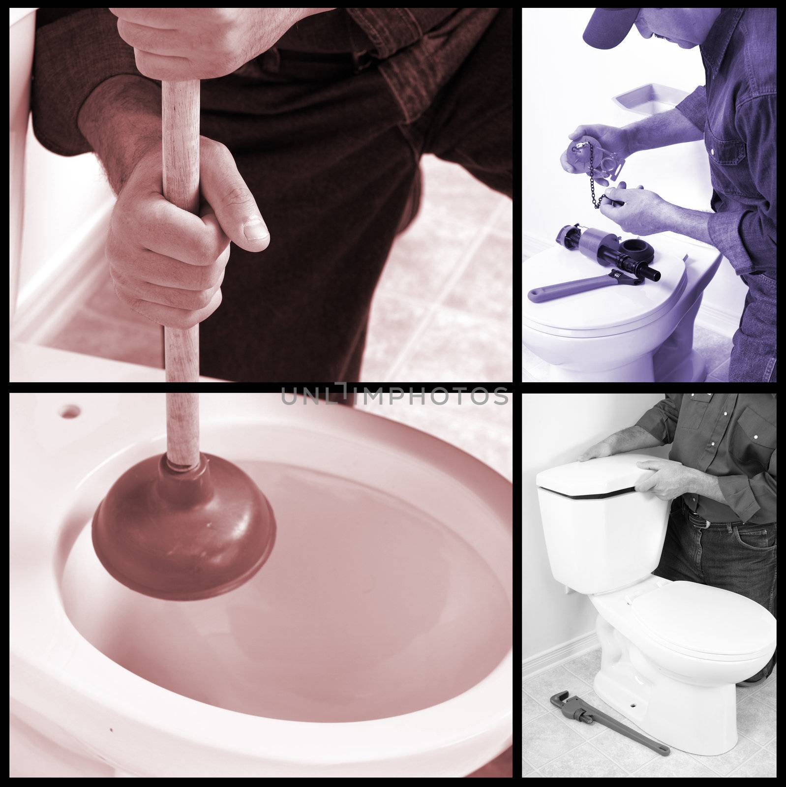 Worker. Plumber repairing a flush toilet. Plumber