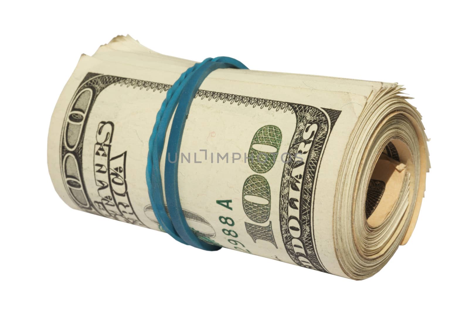 Roll of the dollars which have been tied up by a dark blue tape