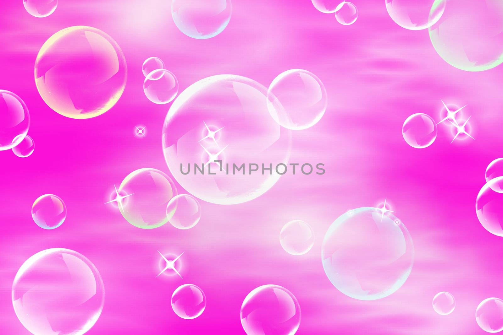 The multicolored soap bubbles fly on a pink background