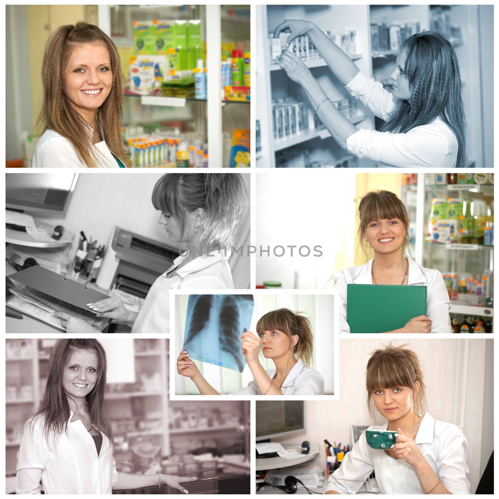 Collage. Chemist woman standing in pharmacy drugstore. Pharmacist at pharmacy
