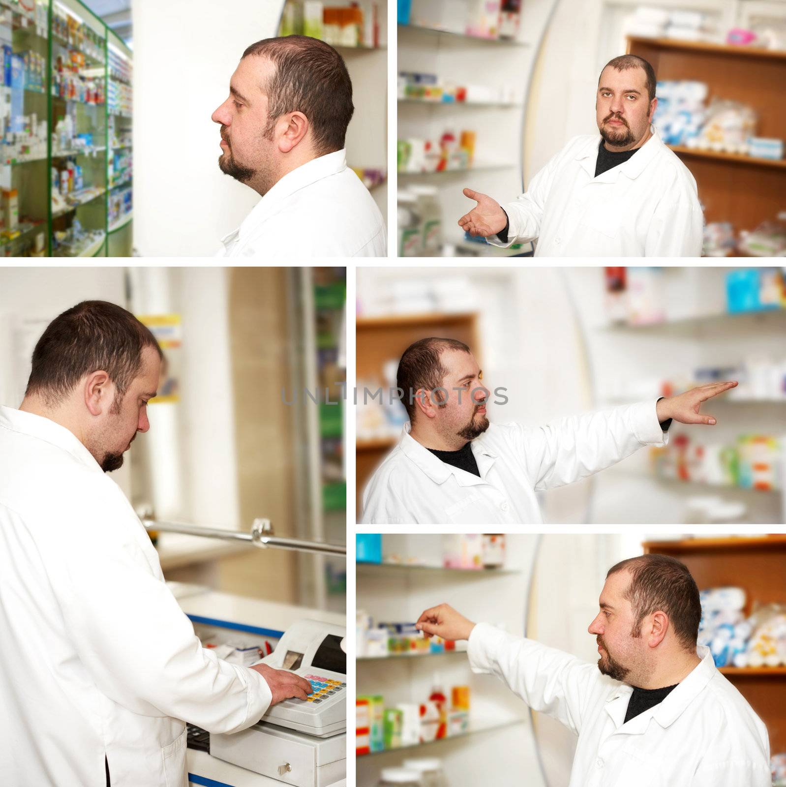 Collage. Pharmacist at pharmacy by petrkurgan