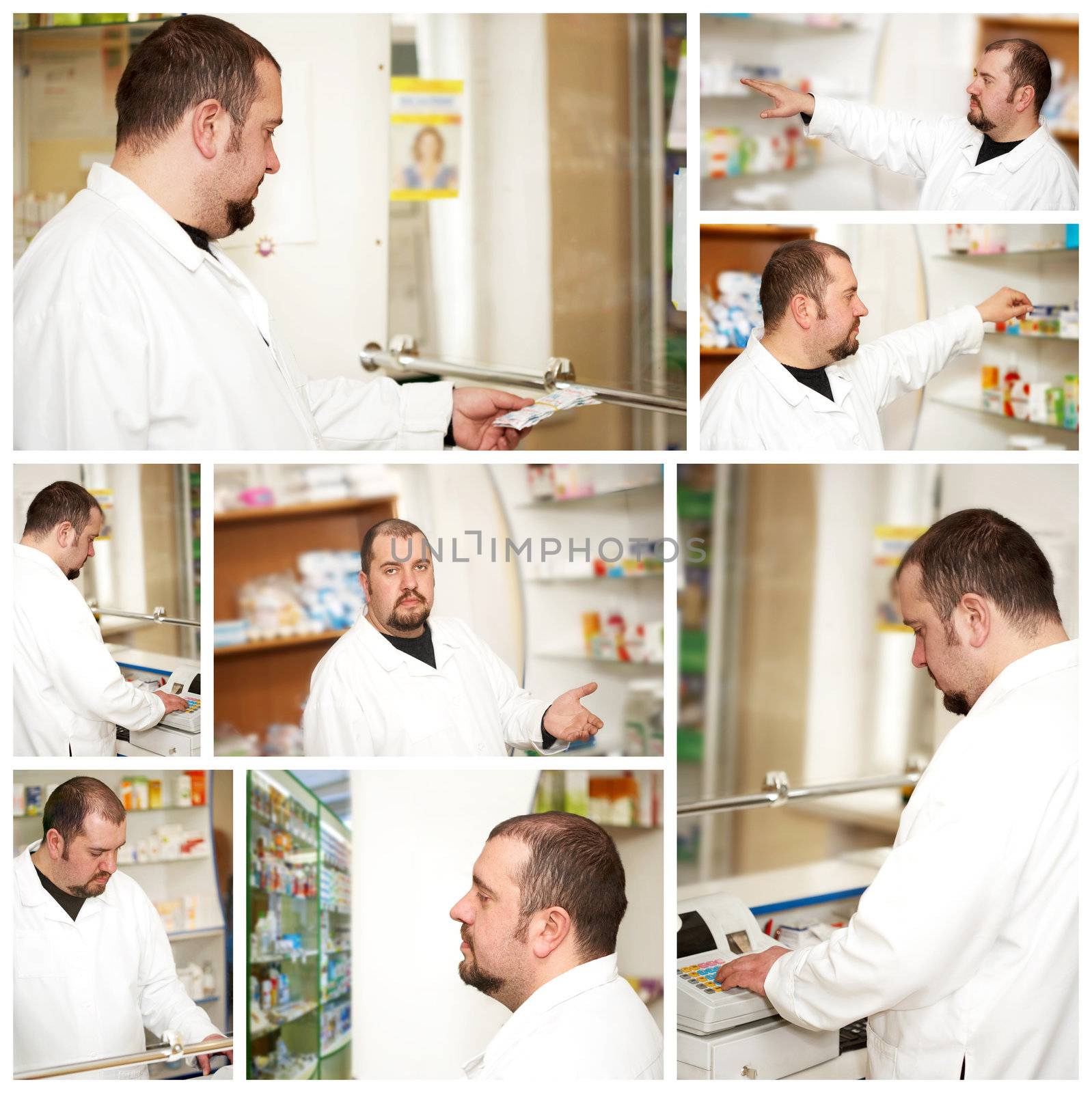Medicine. Portrait of a male pharmacist at pharmacy