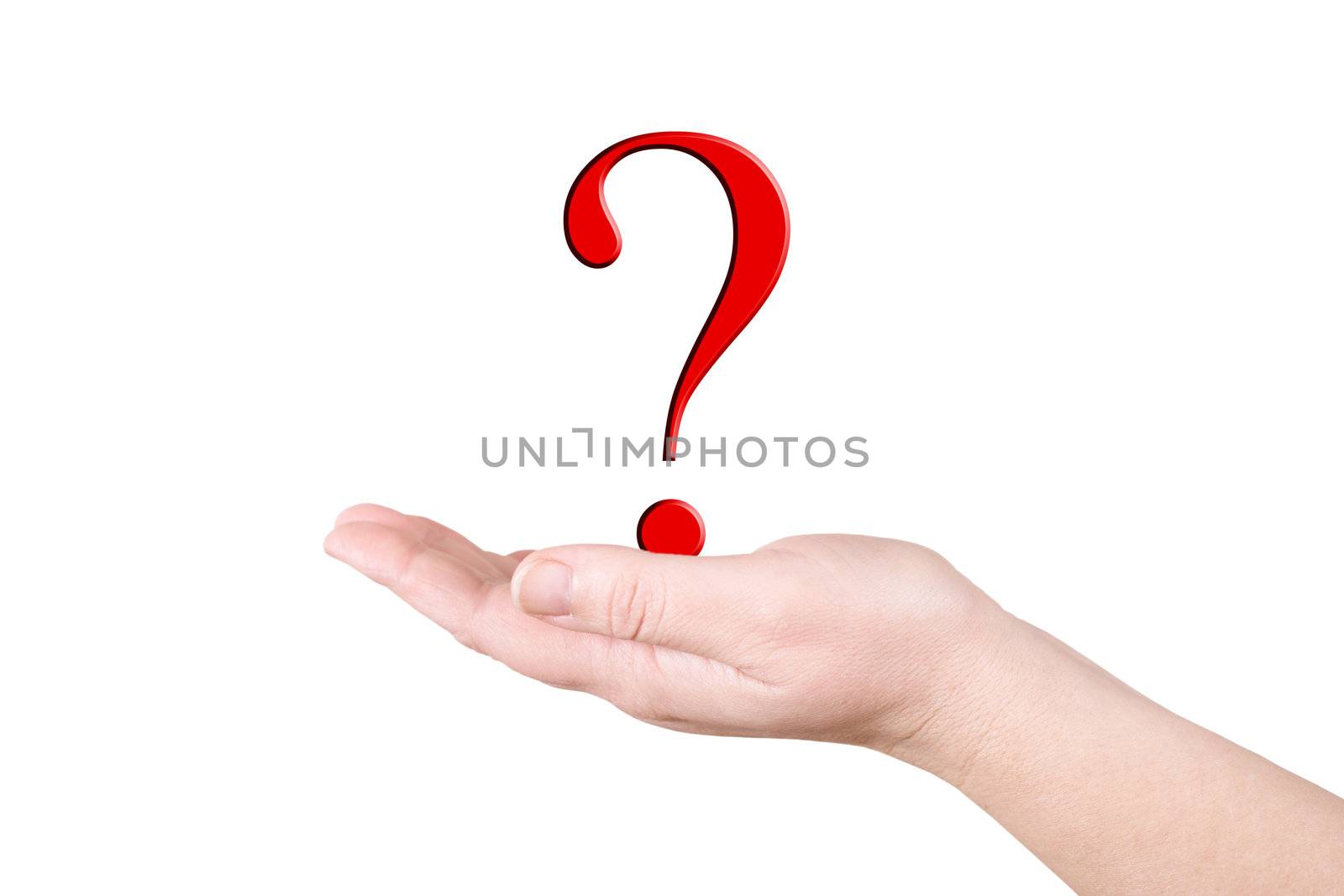 The question-mark on a palm on a white background