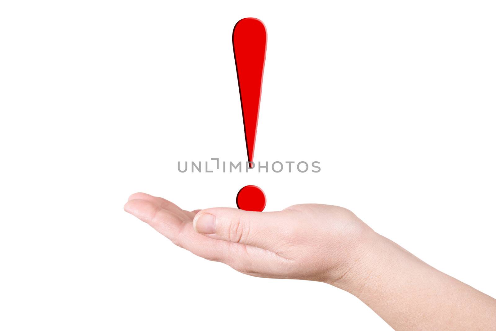 The exclamation mark on a palm on a white background