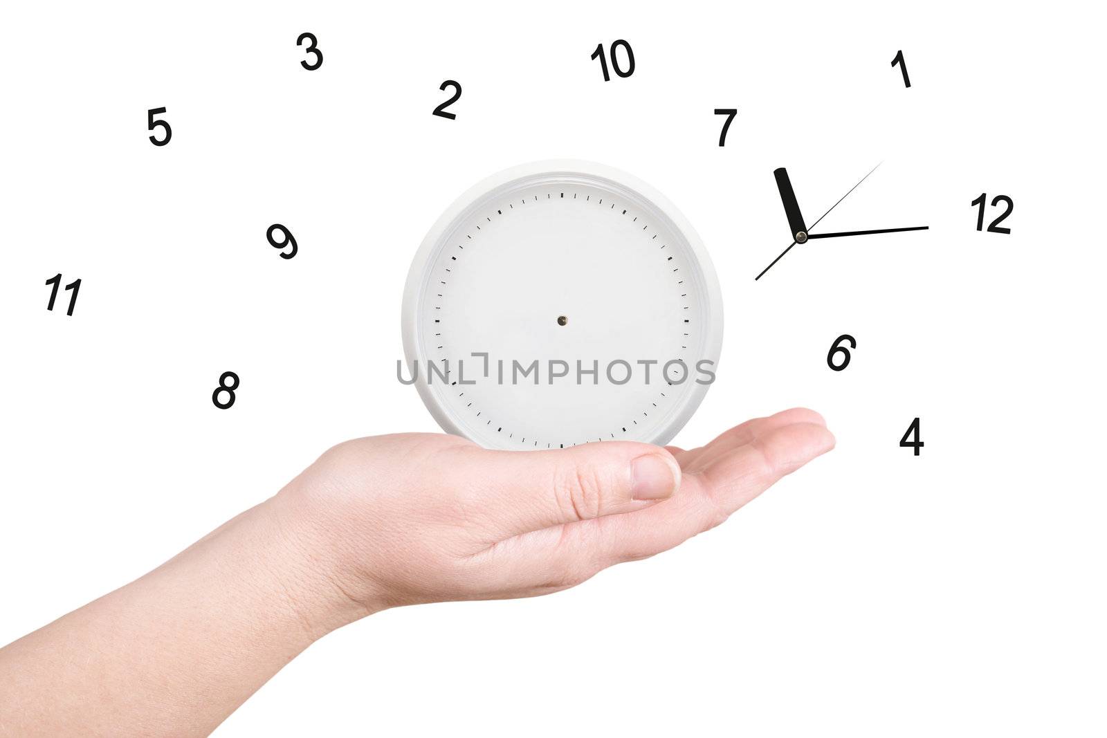 The broken clock on a palm on a white background