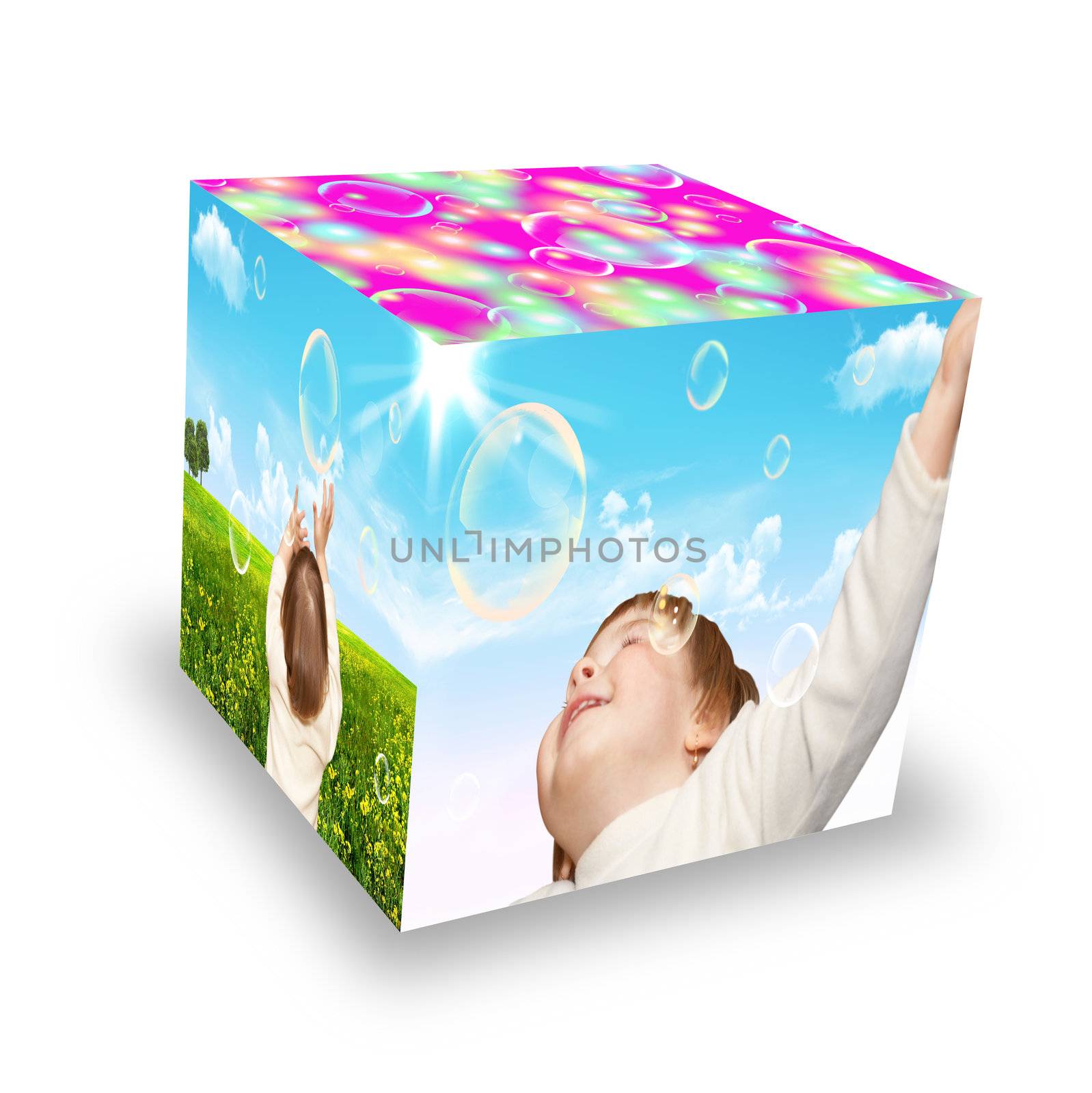 The small girl plays with soap bubbles. Cube