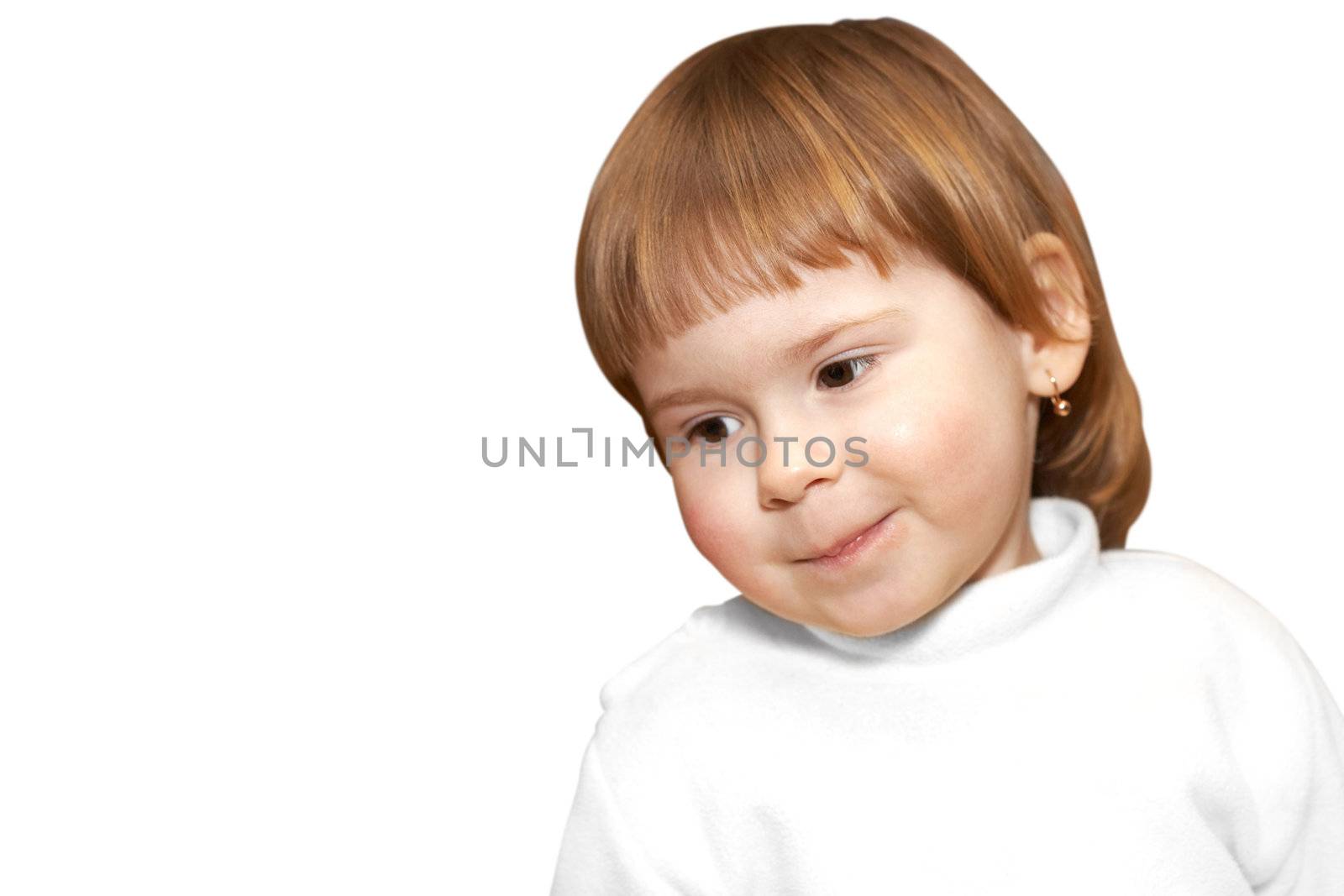 The small girl looks downwards. A white background