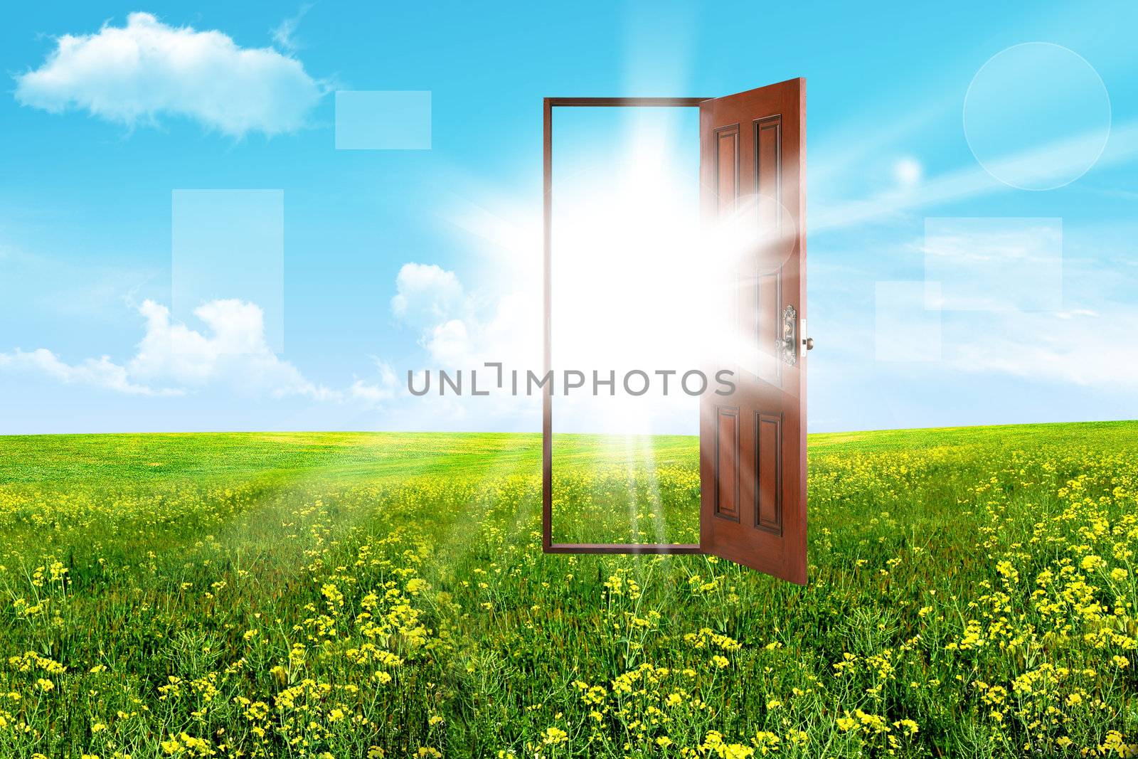 Abstract. Open door in steppe. The sky and sun