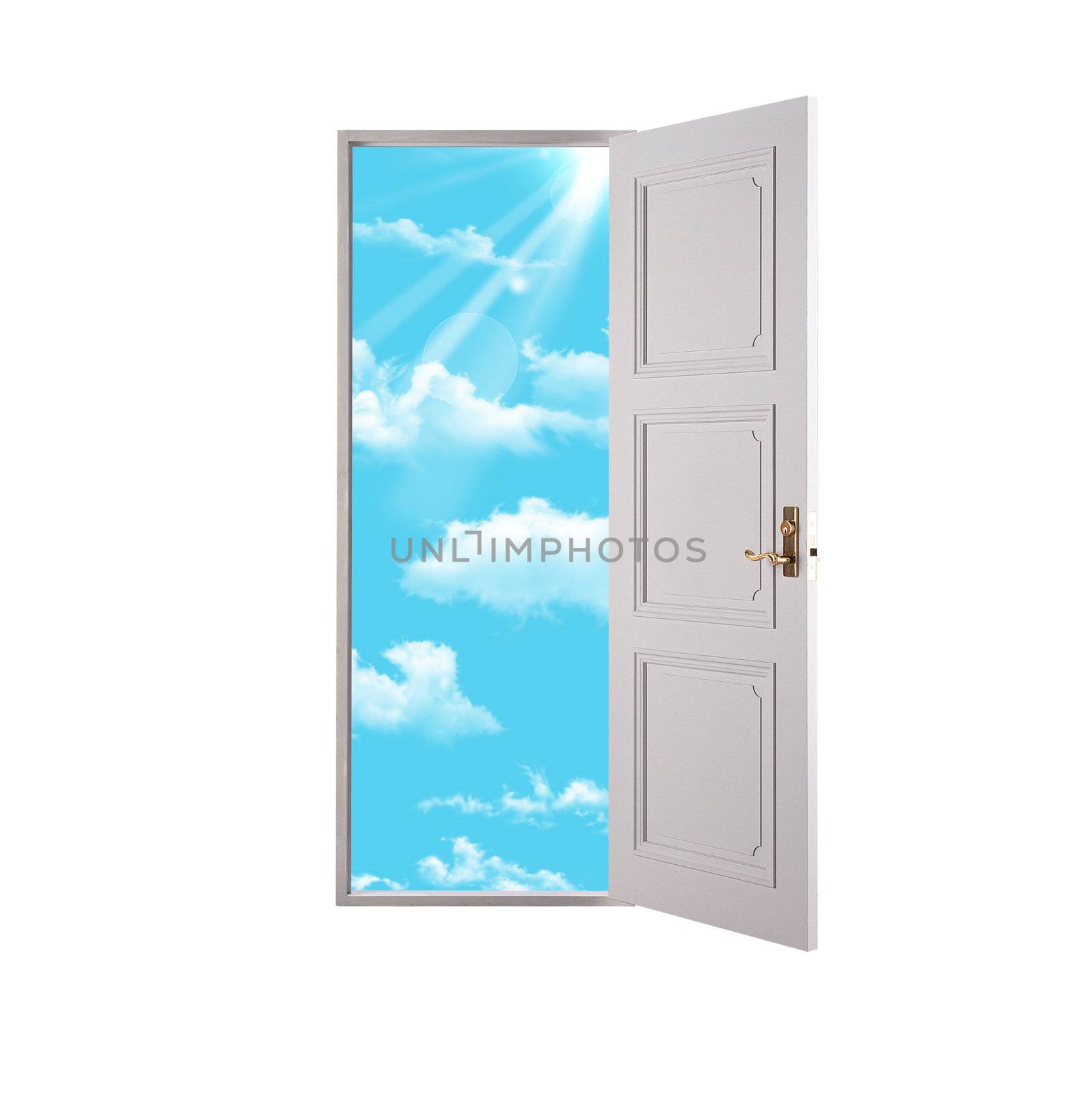 Open doors and clouds on a white background