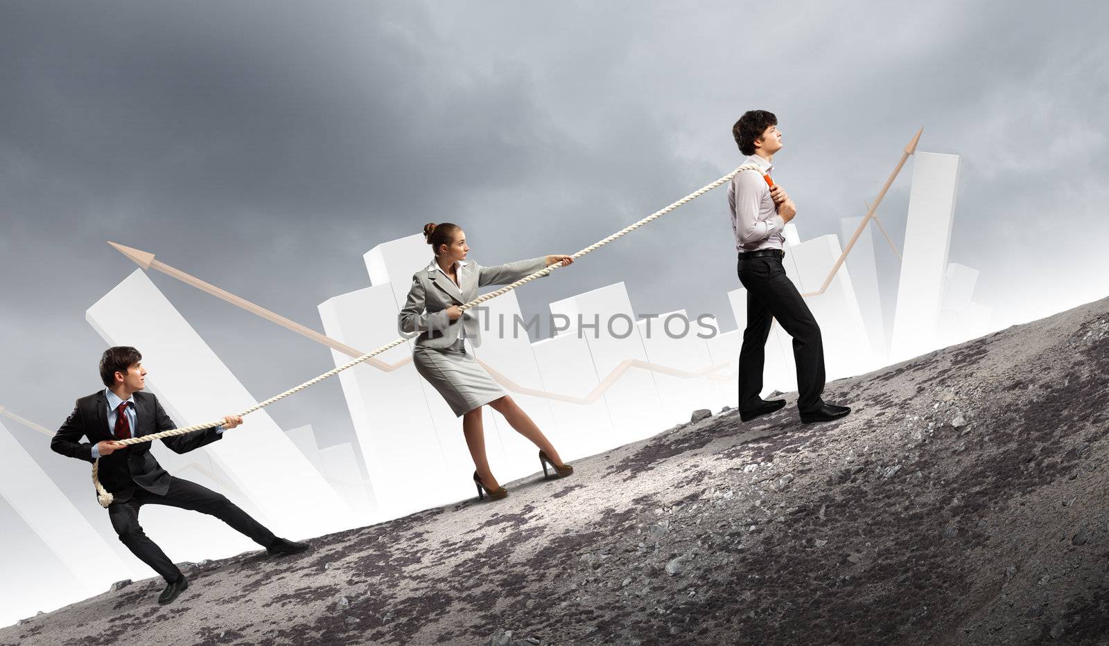 Image of three businesspeople pulling rope with bars picture in background