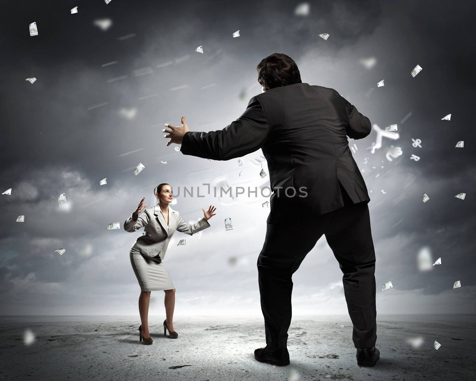 Image of businesspeople arguing and acting as sumo fighters