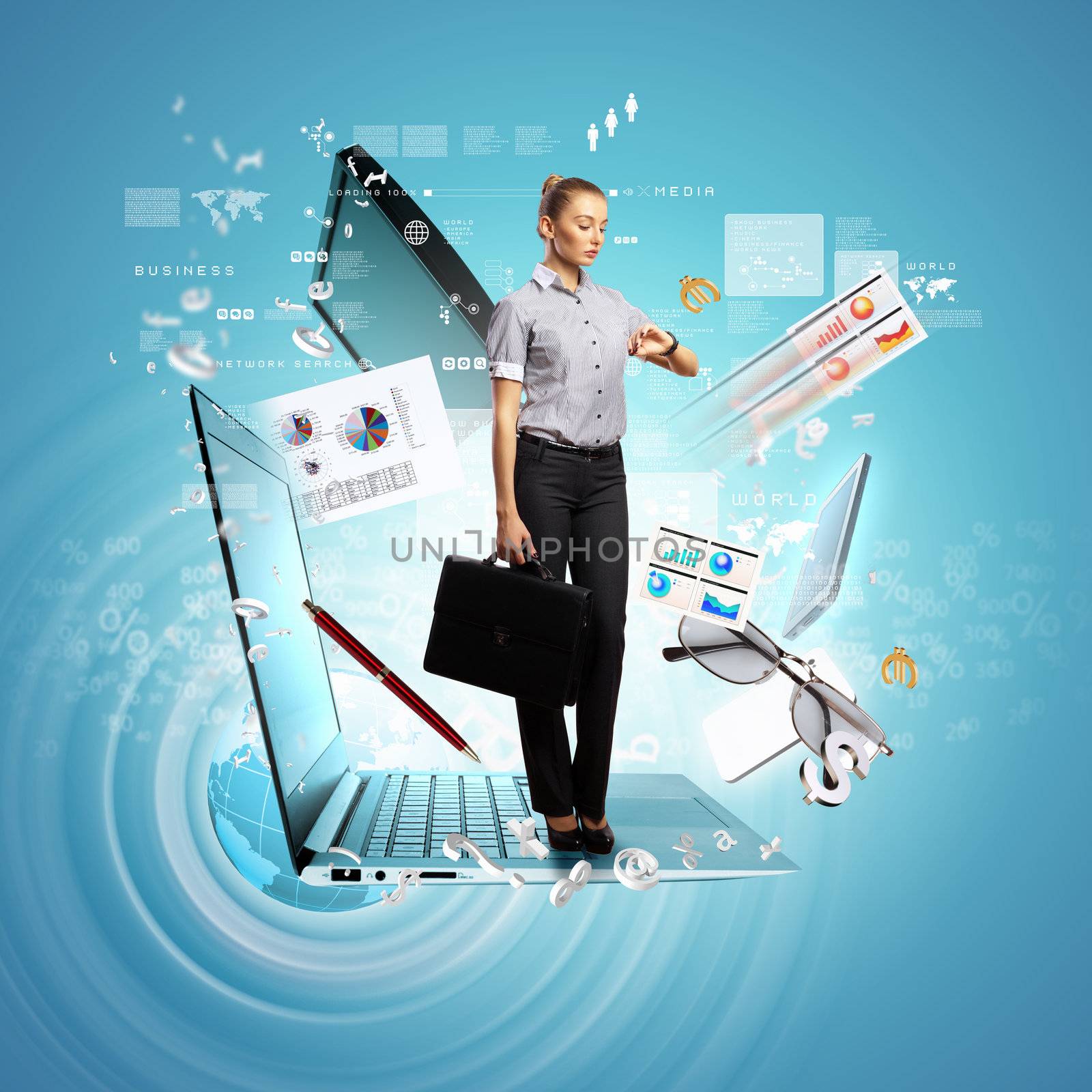 Modern technology illustration with computers and business person