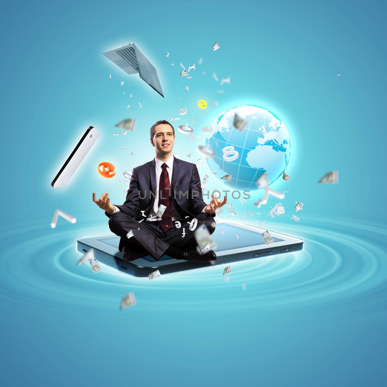 Modern technology illustration with computers and business person