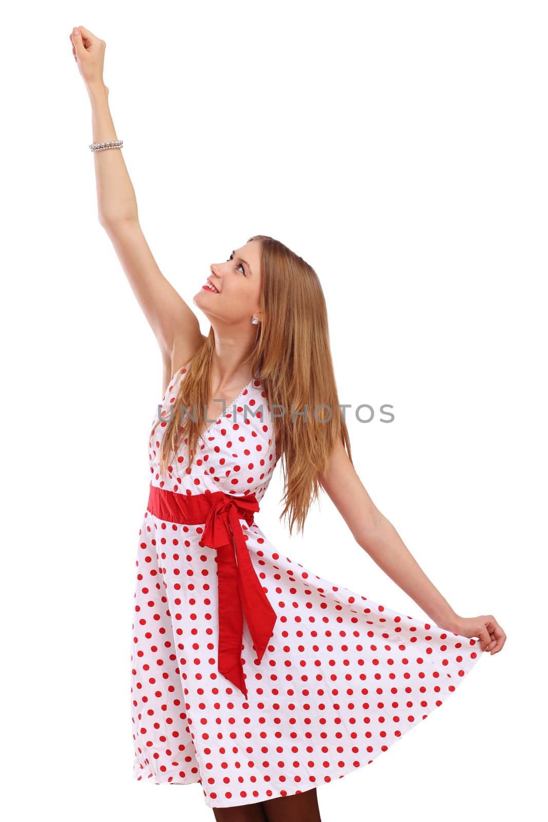 Beautiful young blond woman in red dress