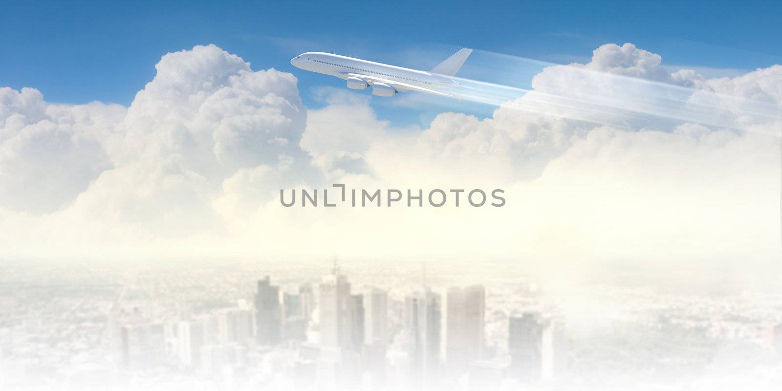 Image of flying airplane above city with clouds at background