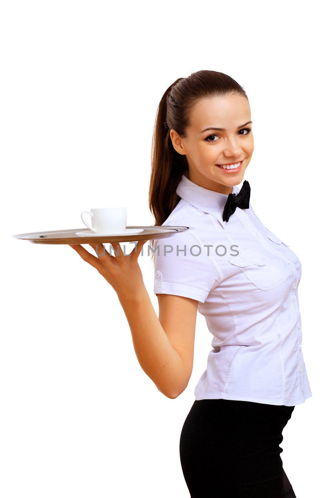 Portrait of young waitress with an empty tray