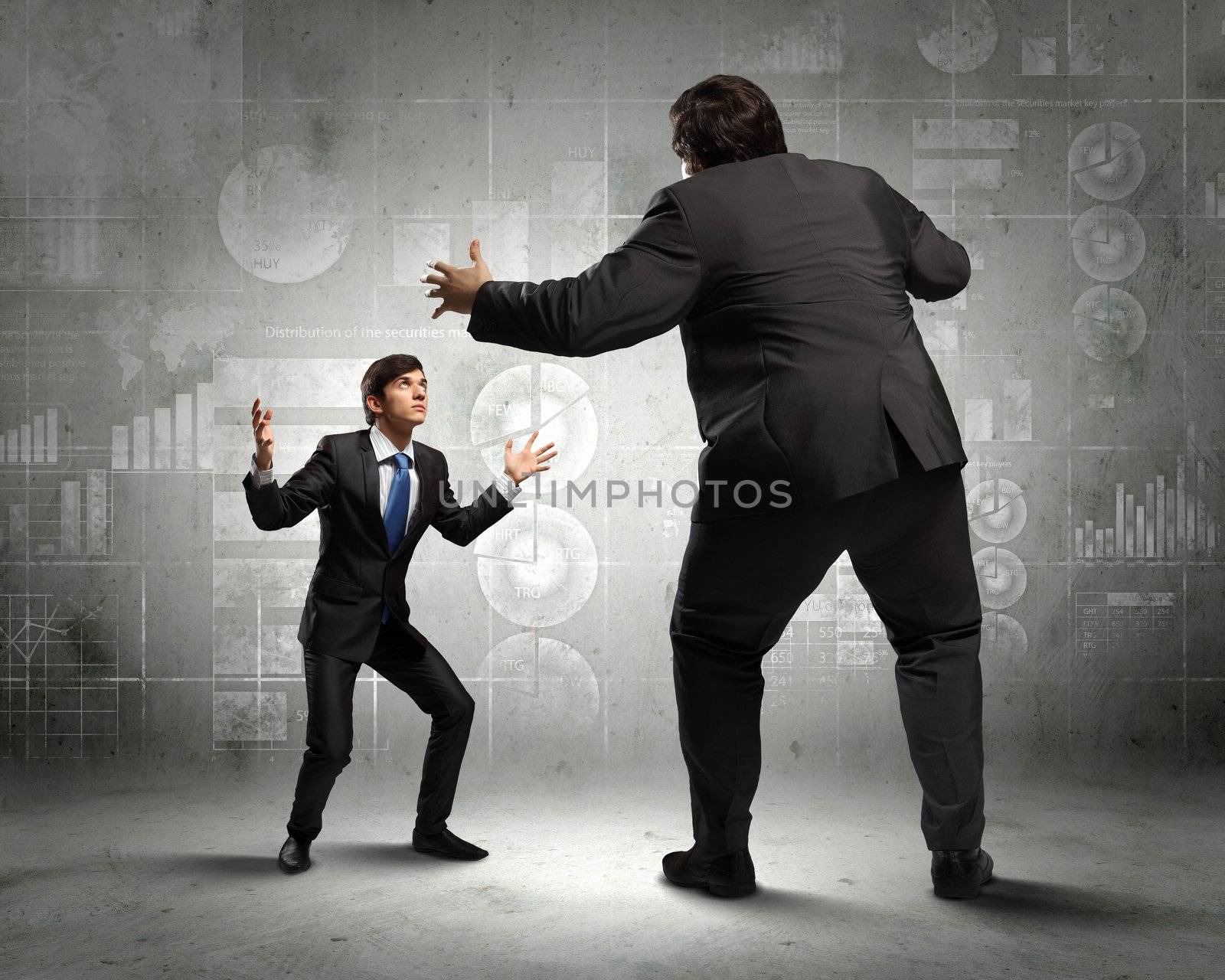 Image of businesspeople arguing and acting as sumo fighters against city background