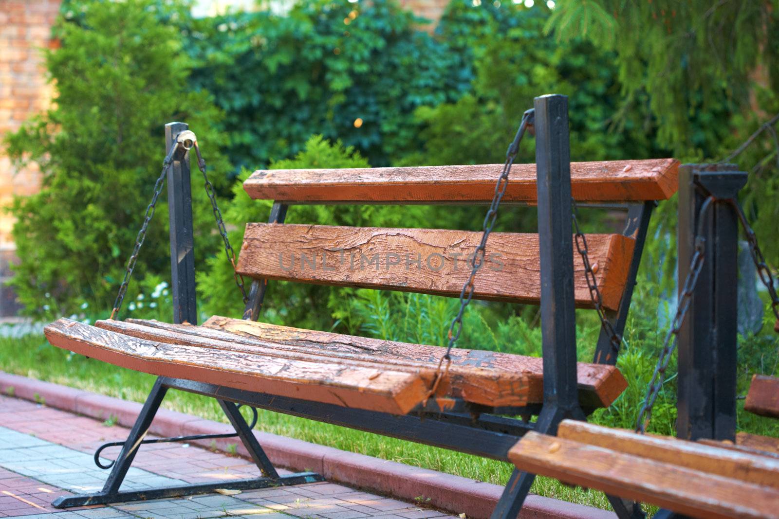 Wooden bench is in a green park  by petrkurgan