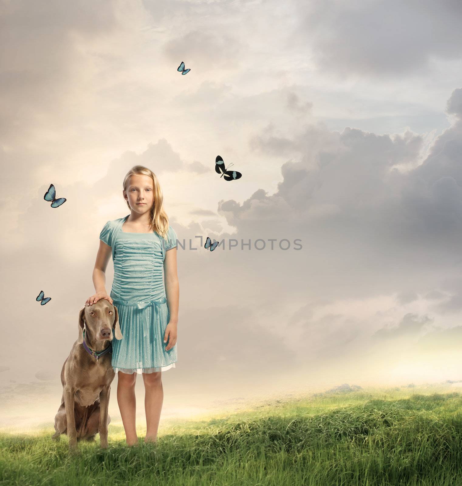 Young Blonde Girl with her Dog on a Magical Mountain