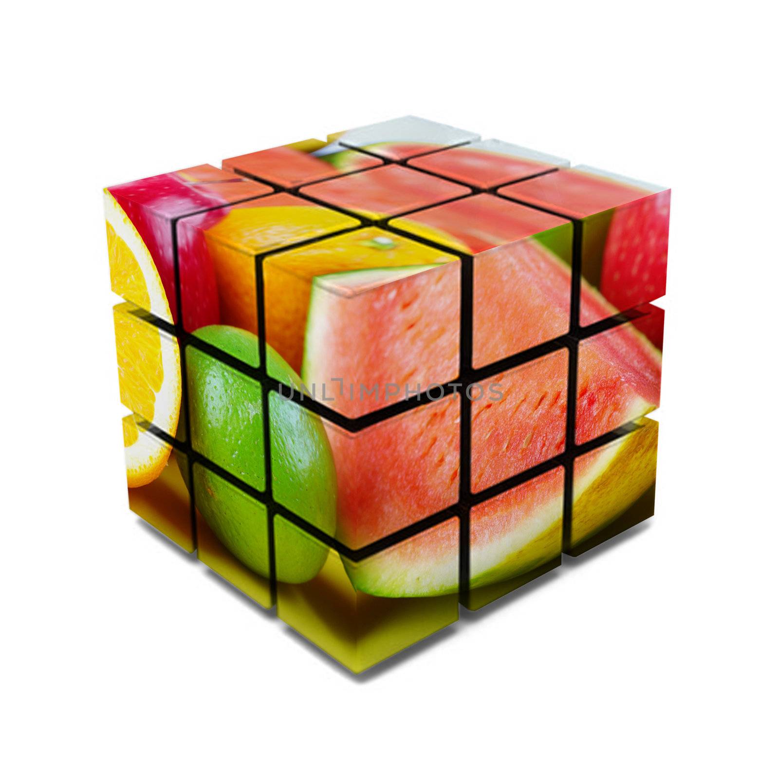 Cube with a fruit on a white background. Abstract