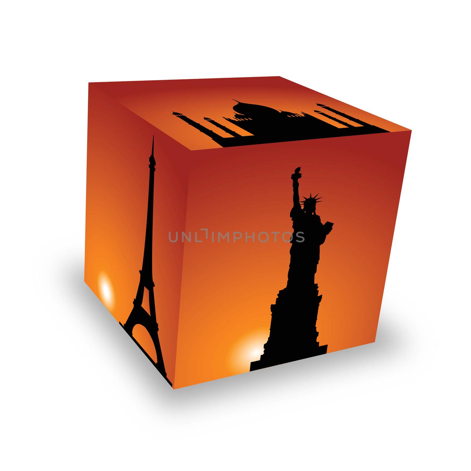 Cube. Set of silhouettes of historical sights of all world