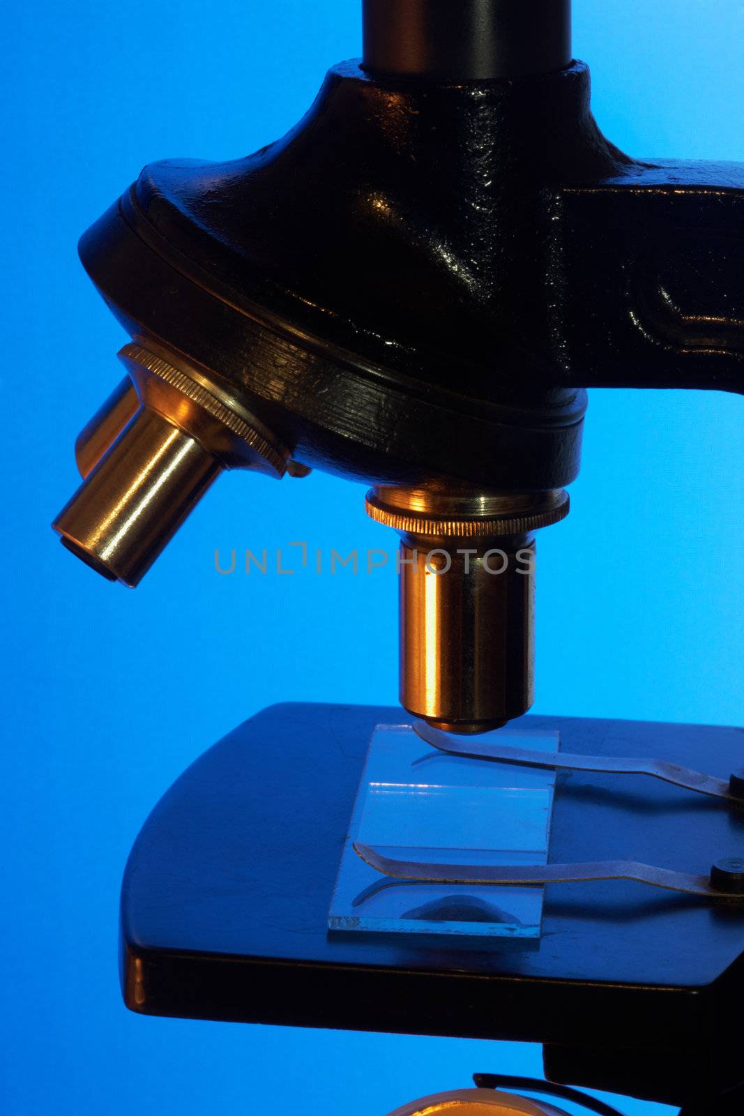 Microscope for the analysis on a blue background