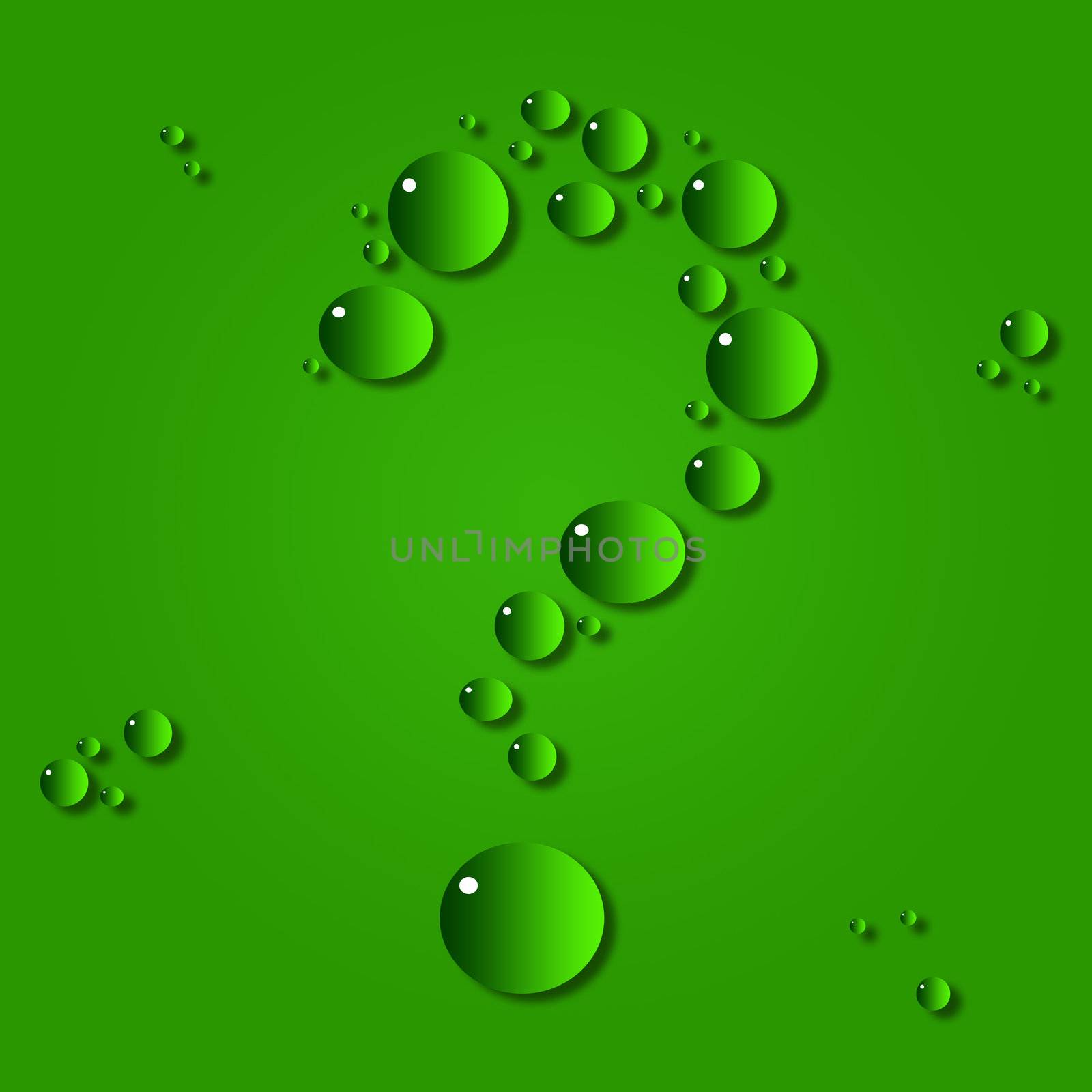 Water drops. The question-mark on a green background