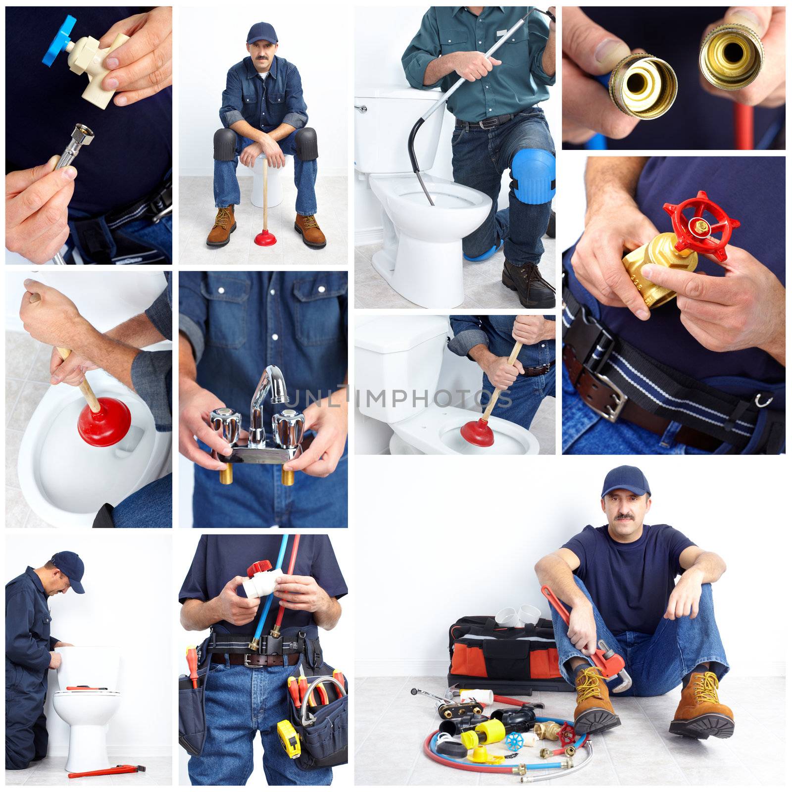 Plumber with a toilet plunger and details. Worker people