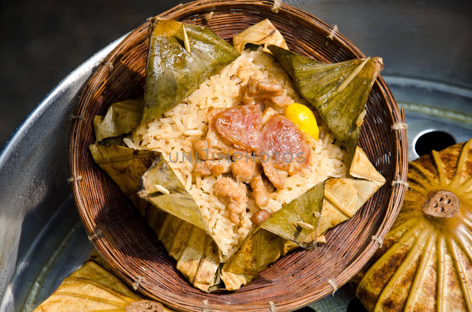 Rice wrapped in lotus leaf, Thai food.