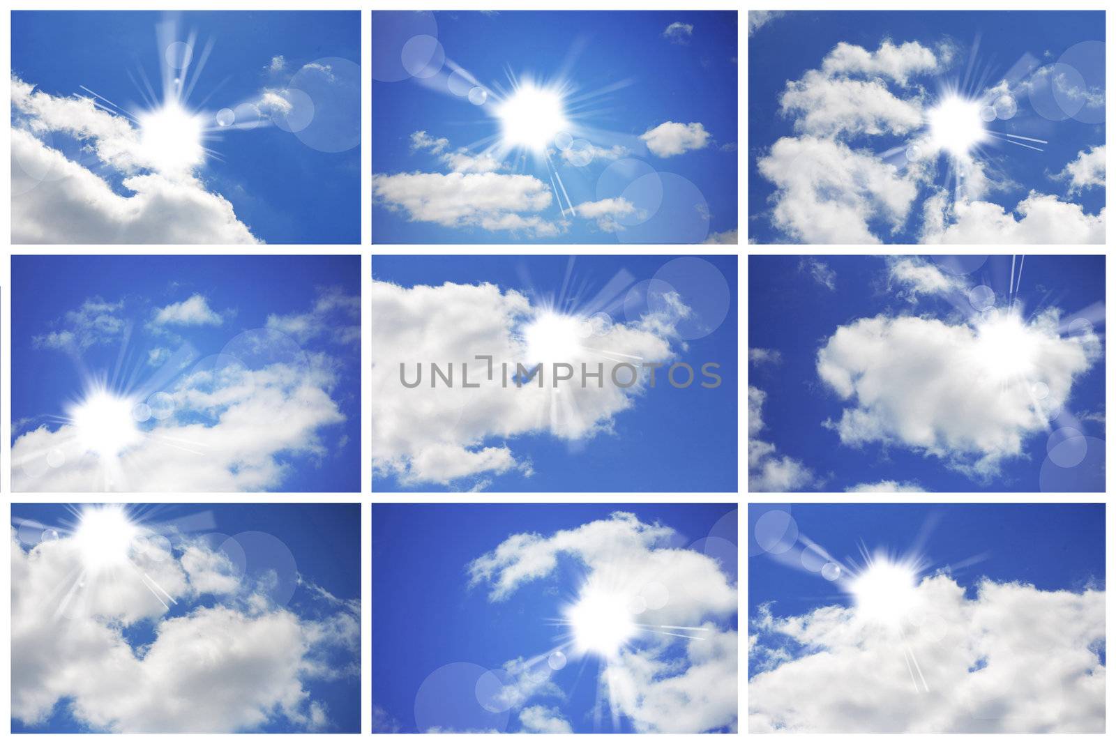 The bright sun in white clouds. A collage