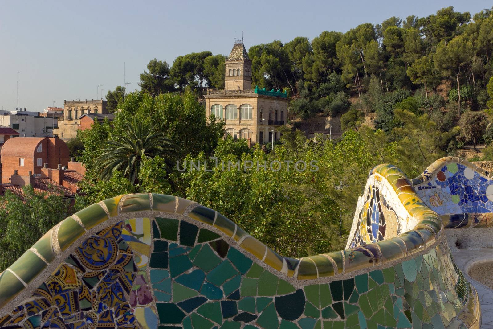 Park Guell mosaic bench snake designed by Antonio Gaudi