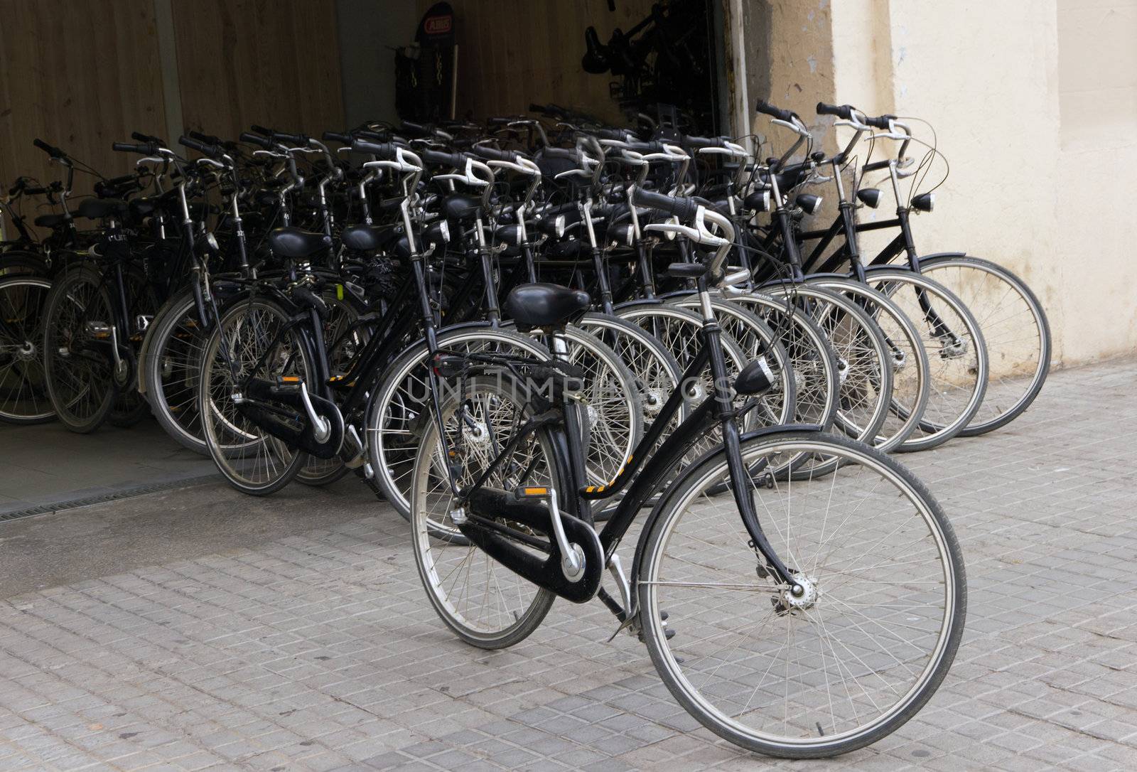 Bicycle Barcelona parking for public in park. Spain