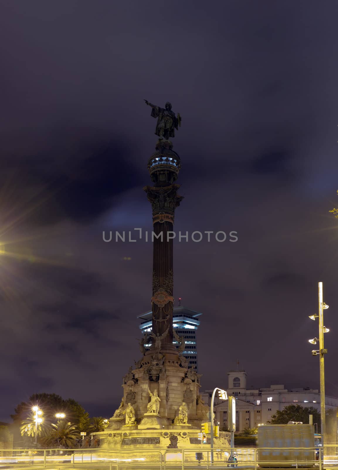 Christopher Columbus Monument night in Barcelona, Spain