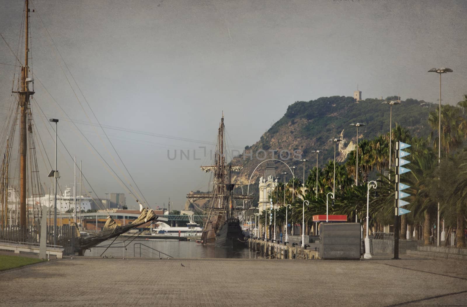 Grunge styled background - harbor "Port Vell" in Barcelona, Spain